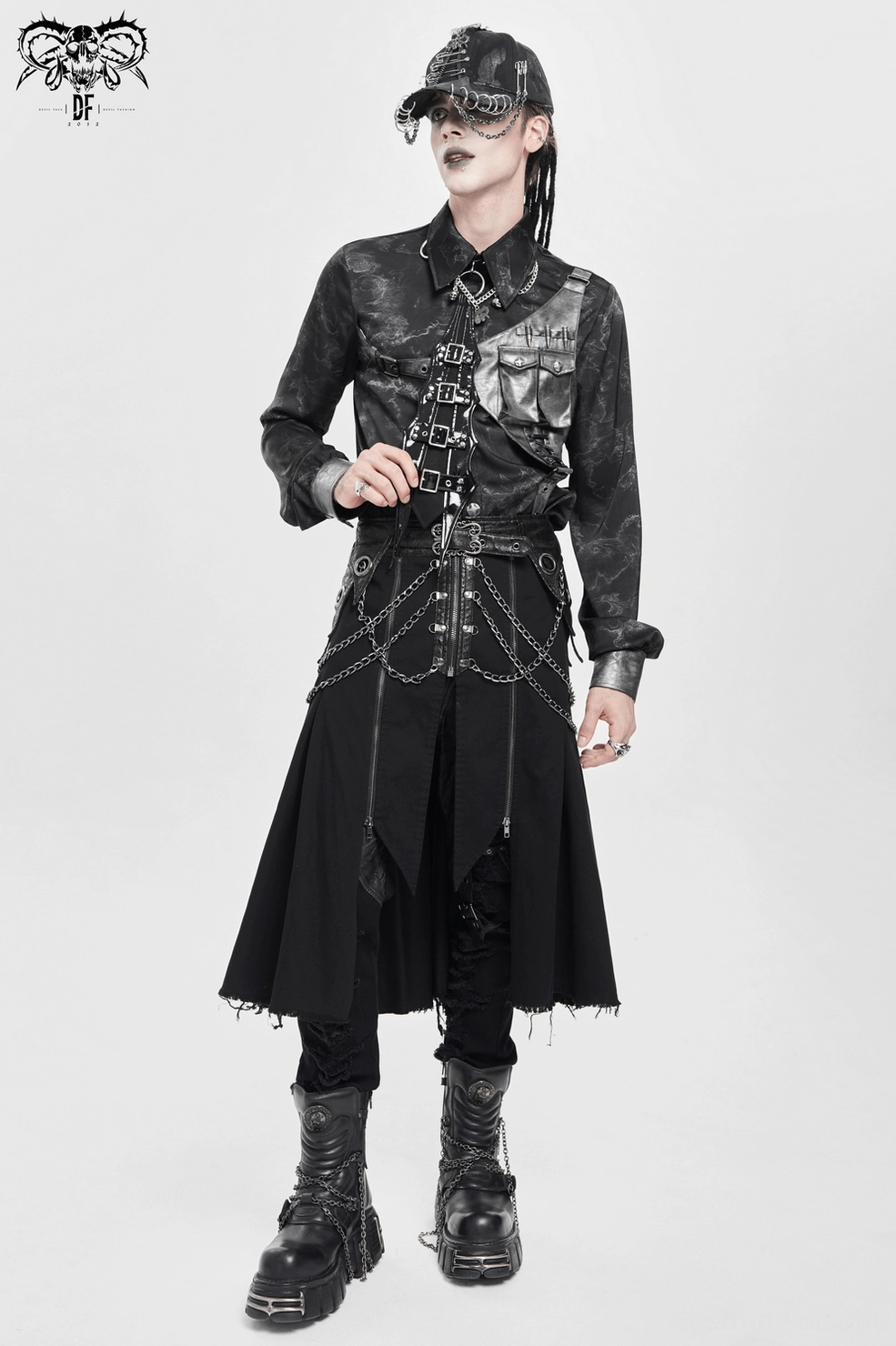 Black gothic punk choker with skull charm chains worn by model in alternative fashion setting