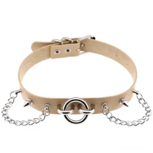Beige PU leather gothic choker with metallic spikes and dangling chains - top-down product view