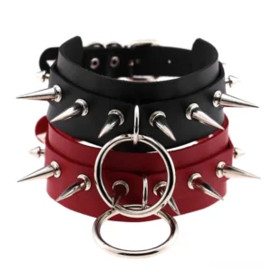 Front view of stacked black and deep burgundy spiked leather chokers with dual metal O-rings showing spike rivet details