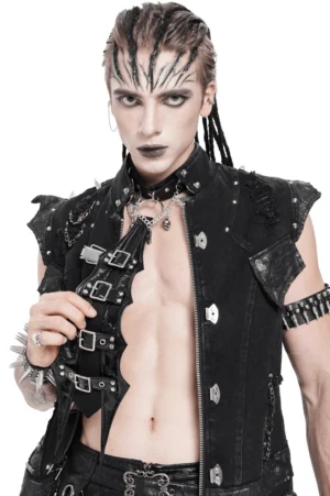 Gothic choker paired with studded vest and spike armbands on model showcasing alternative fashion styling