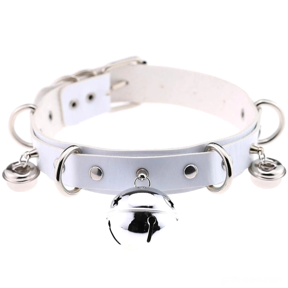 White PU leather gothic choker with metal hardware and bell - unisex necklace