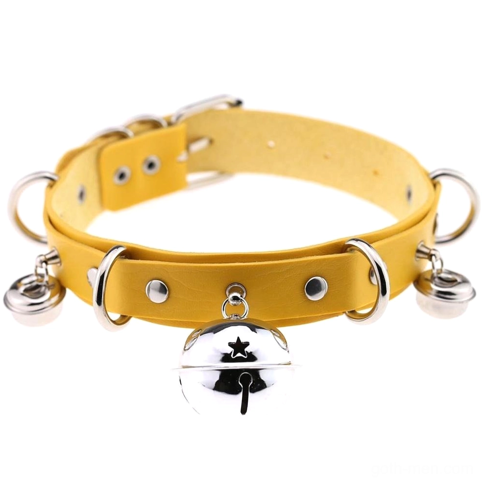 Yellow gothic choker with rivets and bell pendant - bold alternative style