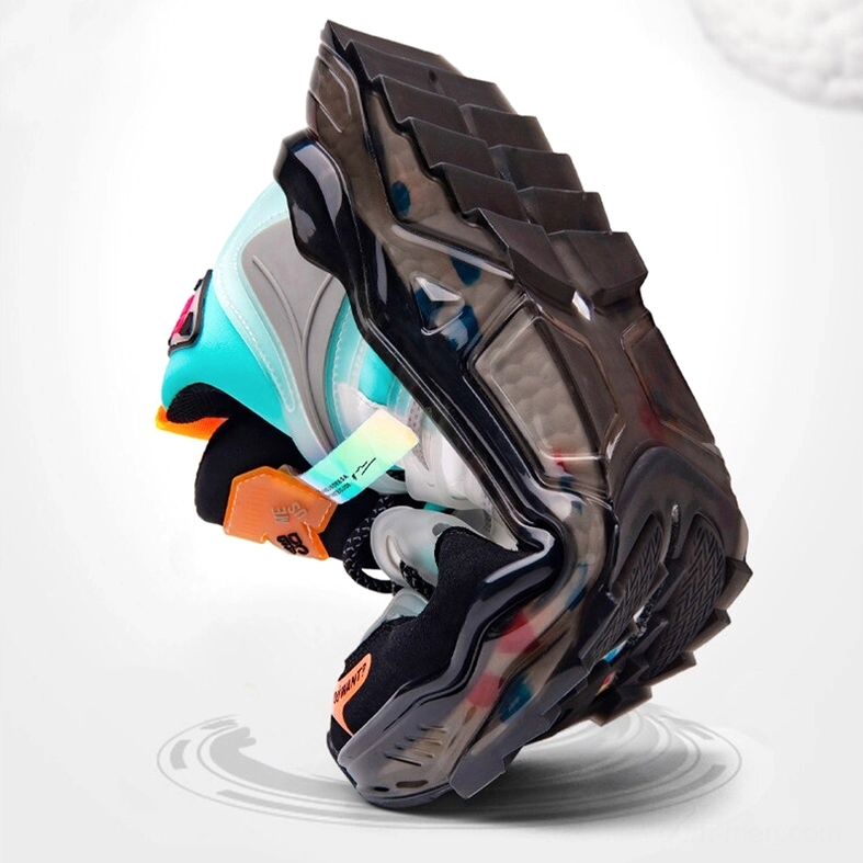 Single gothic chunky sneaker bottom tilted view showcasing thick anti-slip outsole and transparent colorful sole inlay