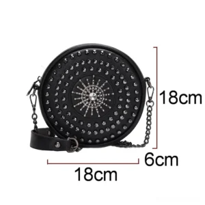 Black rivet round crossbody bag showing 18x18x6cm size dimensions with metal chain strap and studded design