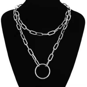 Double layer round circle ring pendant chain necklace on black mannequin, gothic hollow ring charm with paperclip chains