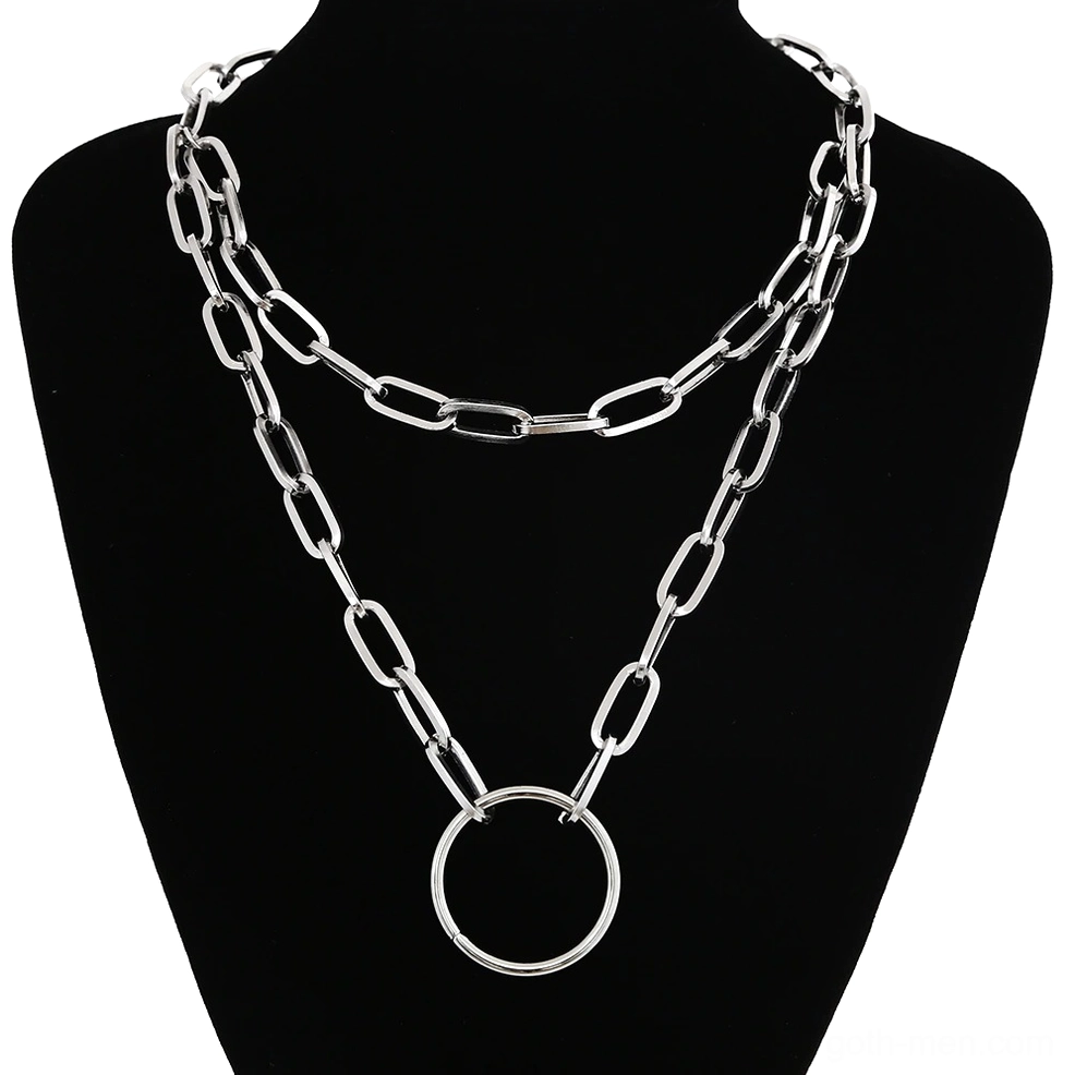 Double layer round circle ring pendant chain necklace on black mannequin, gothic hollow ring charm with paperclip chains