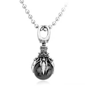 Black gothic claw pendant necklace with stainless steel beaded chain, overhead studio shot