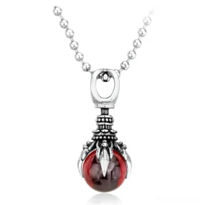 Red gothic claw stone pendant necklace with stainless steel beaded chain, front view showcase