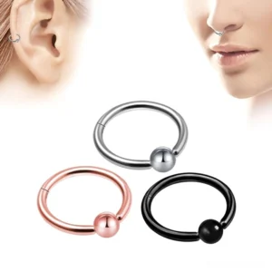 triple color hinged segment clicker nose ring in silver rose gold black on model showing gothic body jewelry styling