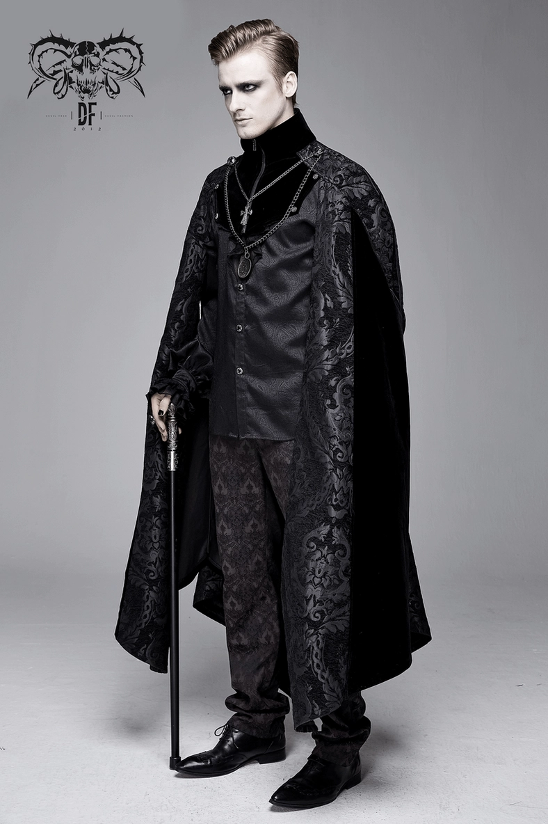 Men's black gothic cloak fabric composition detail showing 100% polyamide woven construction and finish quality