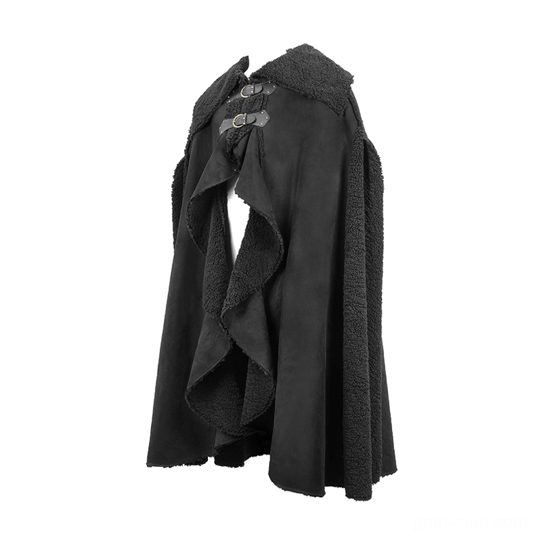 Three-quarter side view of asymmetrical gothic cloak with ruffled front and suede exterior texture