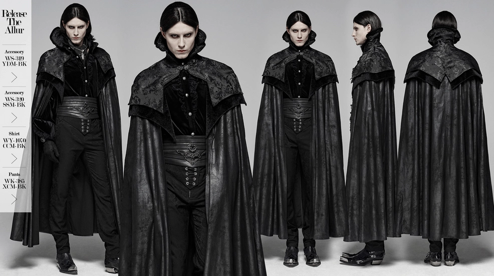 Premium Gothic cloak with aluminum-embedded stand collar displayed against neutral background showing jacquard capelet and velvet accents