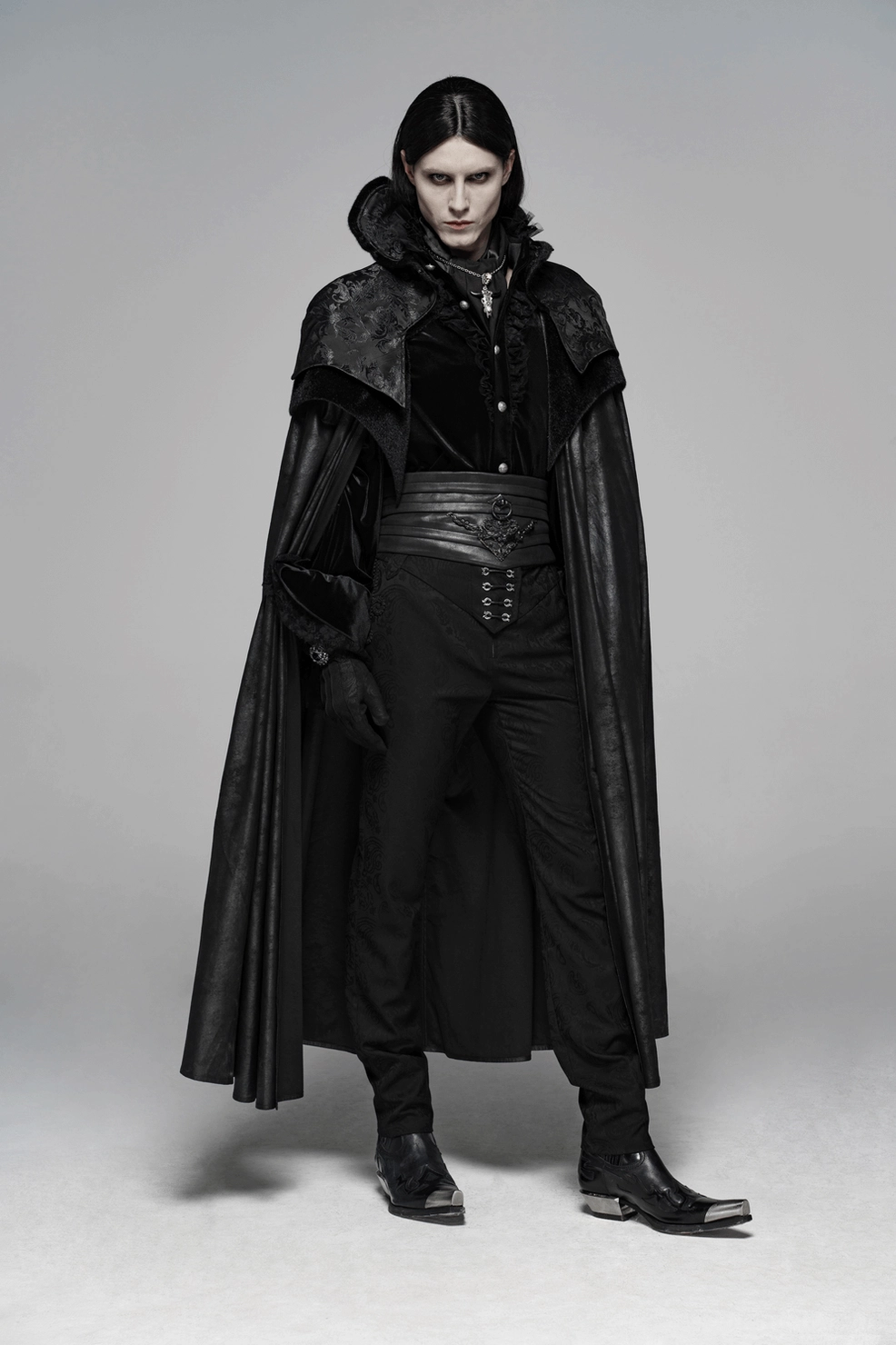 Gothic full-length aristocratic cloak with jacquard capelet showcase shot emphasizing dramatic silhouette and structured design