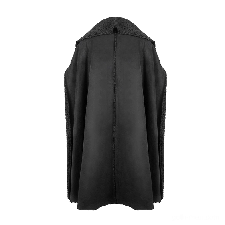Back display of gothic long cloak showing solid back design and fleece collar trim