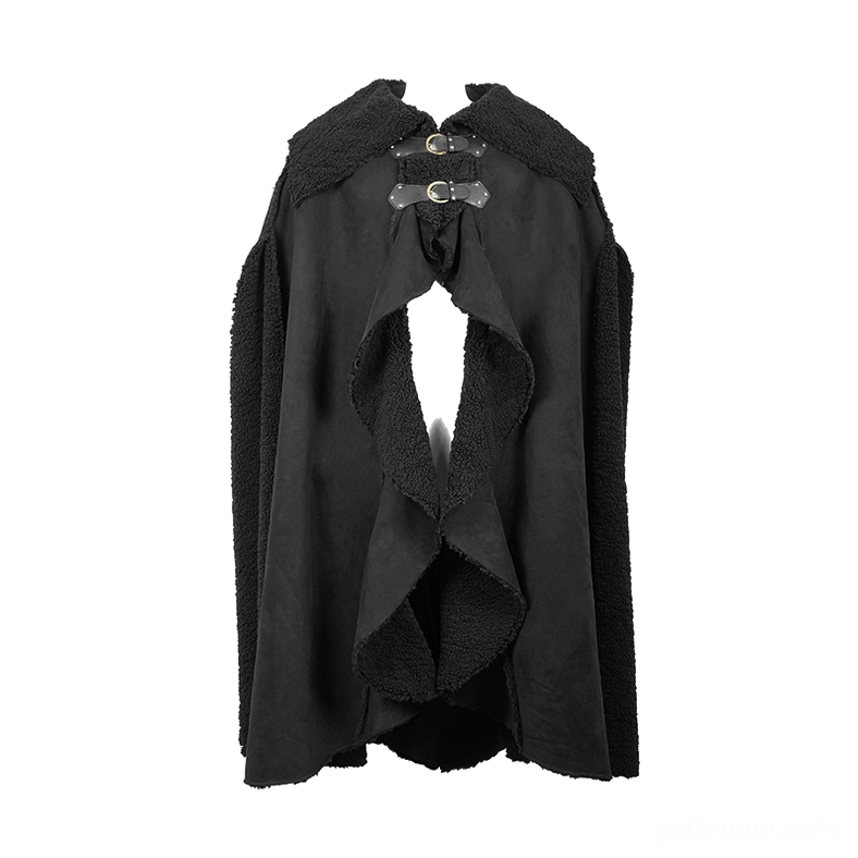 Back flat lay display of men's gothic cloak showing collar buckles and fleece trim detail