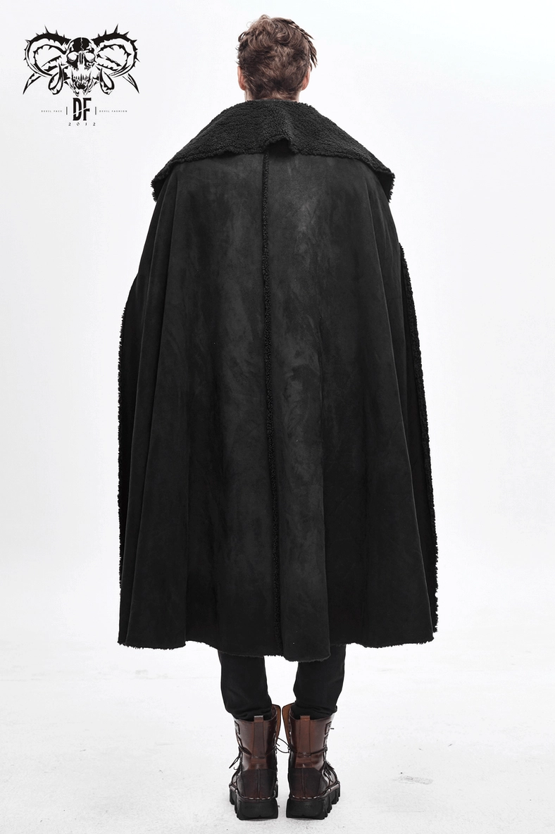 Back full-length view of men's gothic cloak showing floor-length drape and plain suede exterior