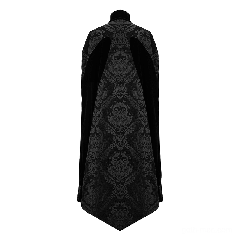Back full-body view of men's gothic long cloak featuring velvet shoulder panels, pointed hem design, and vintage damask pattern