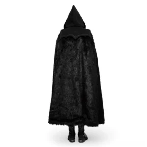 Rear full-body view of black gothic fur cloak displaying floor-length hem with scalloped faux fur trim and elegant draping