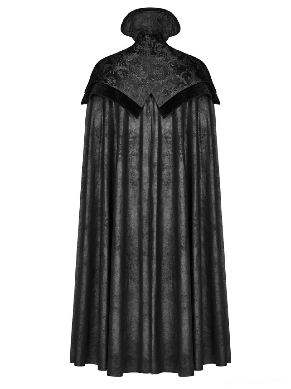 Gothic cloak rear display with velvet trim accents and detailed view of ornate jacquard capelet pattern