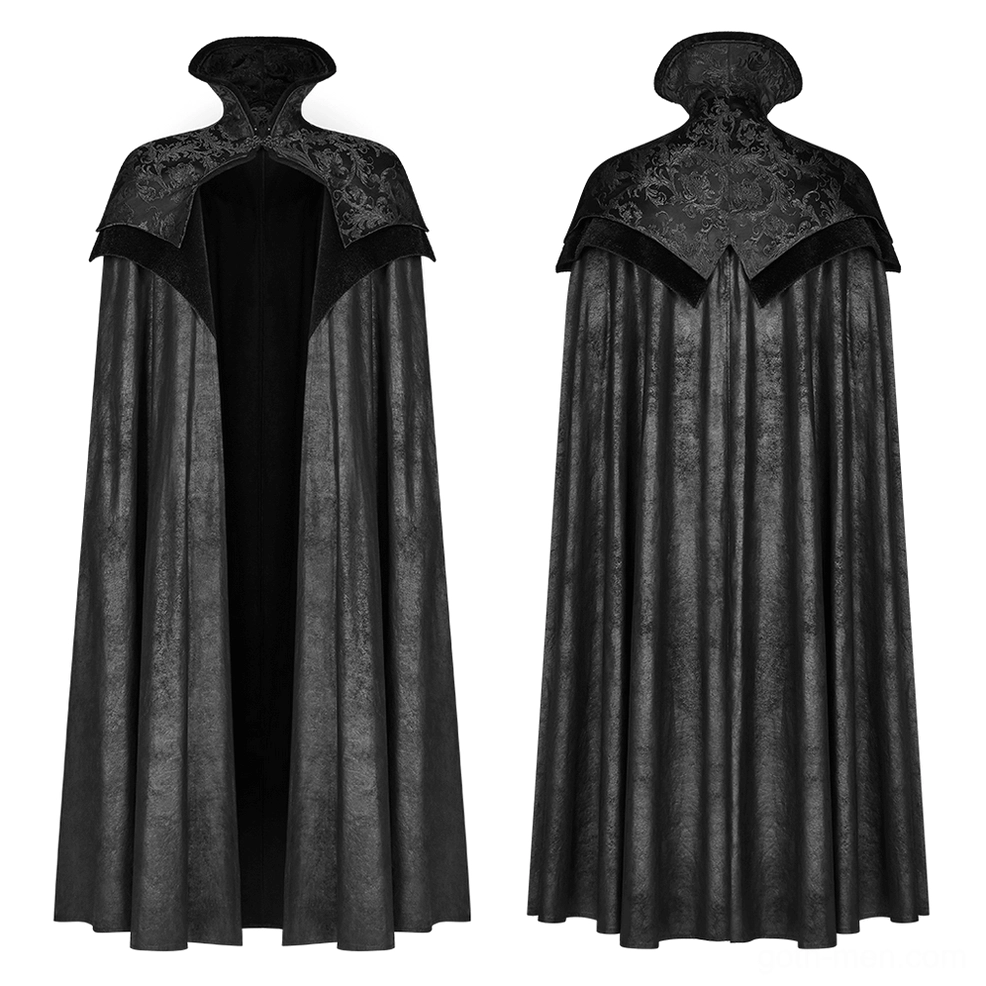 Black jacquard Gothic cloak static front display showing architectural shoulder cut and floor-length silhouette with decorative capelet