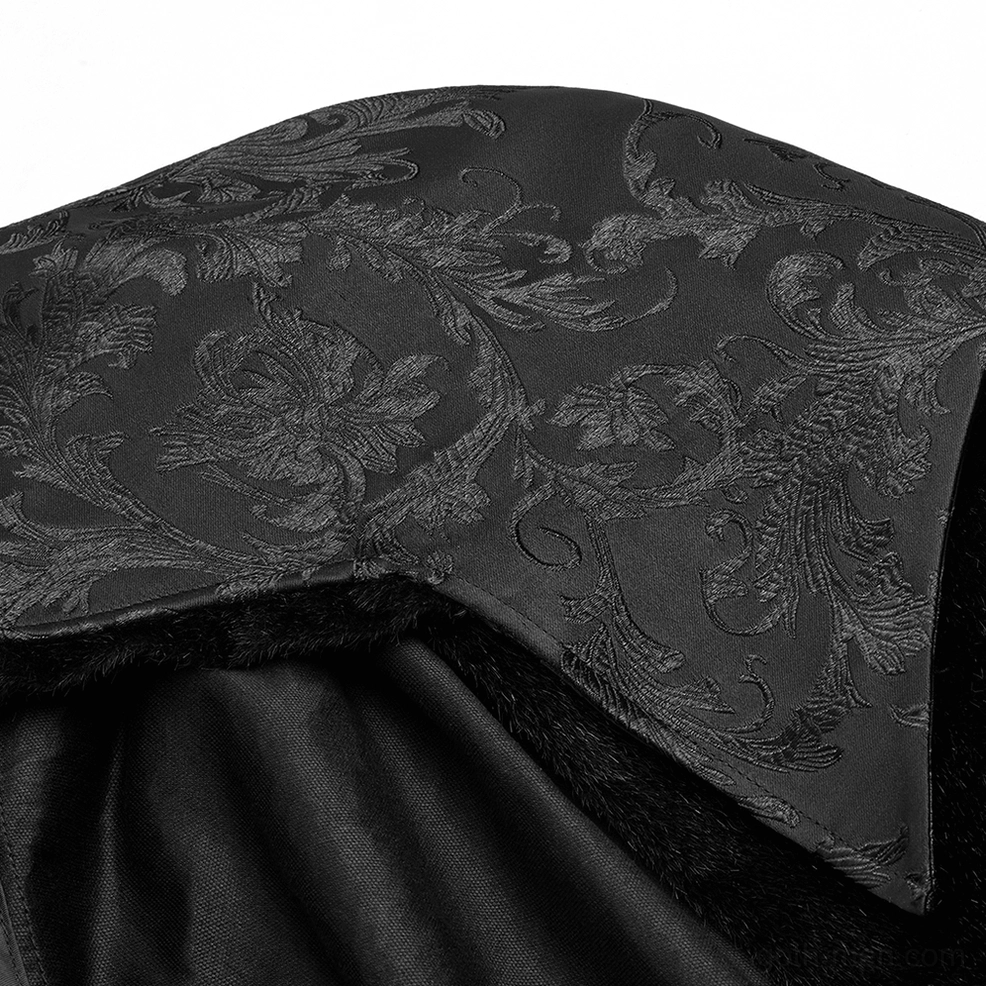 Extreme close-up of Gothic cloak capelet showing floral jacquard weaving pattern and soft velvet inner lining texture