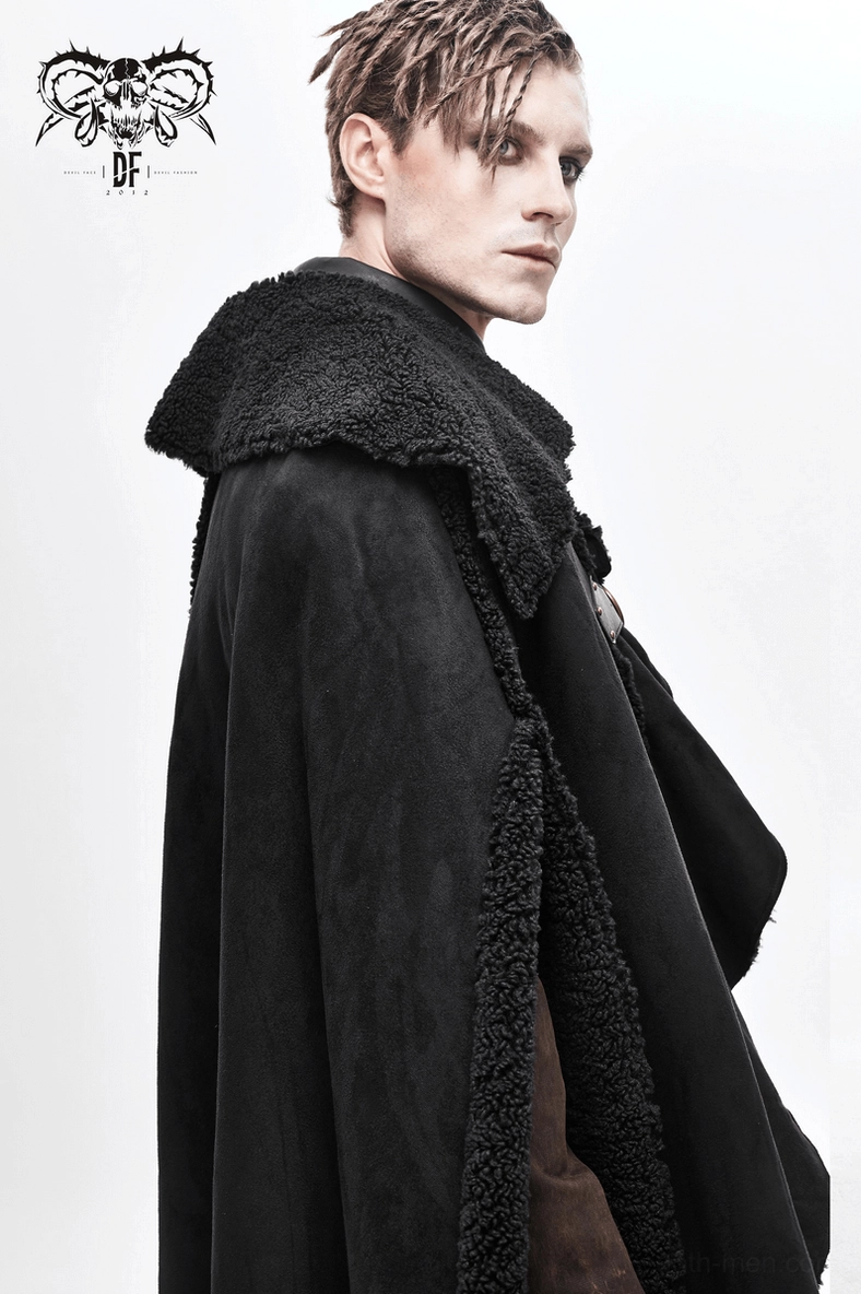 Close-up detail of gothic cloak collar buckles and fleece trim construction