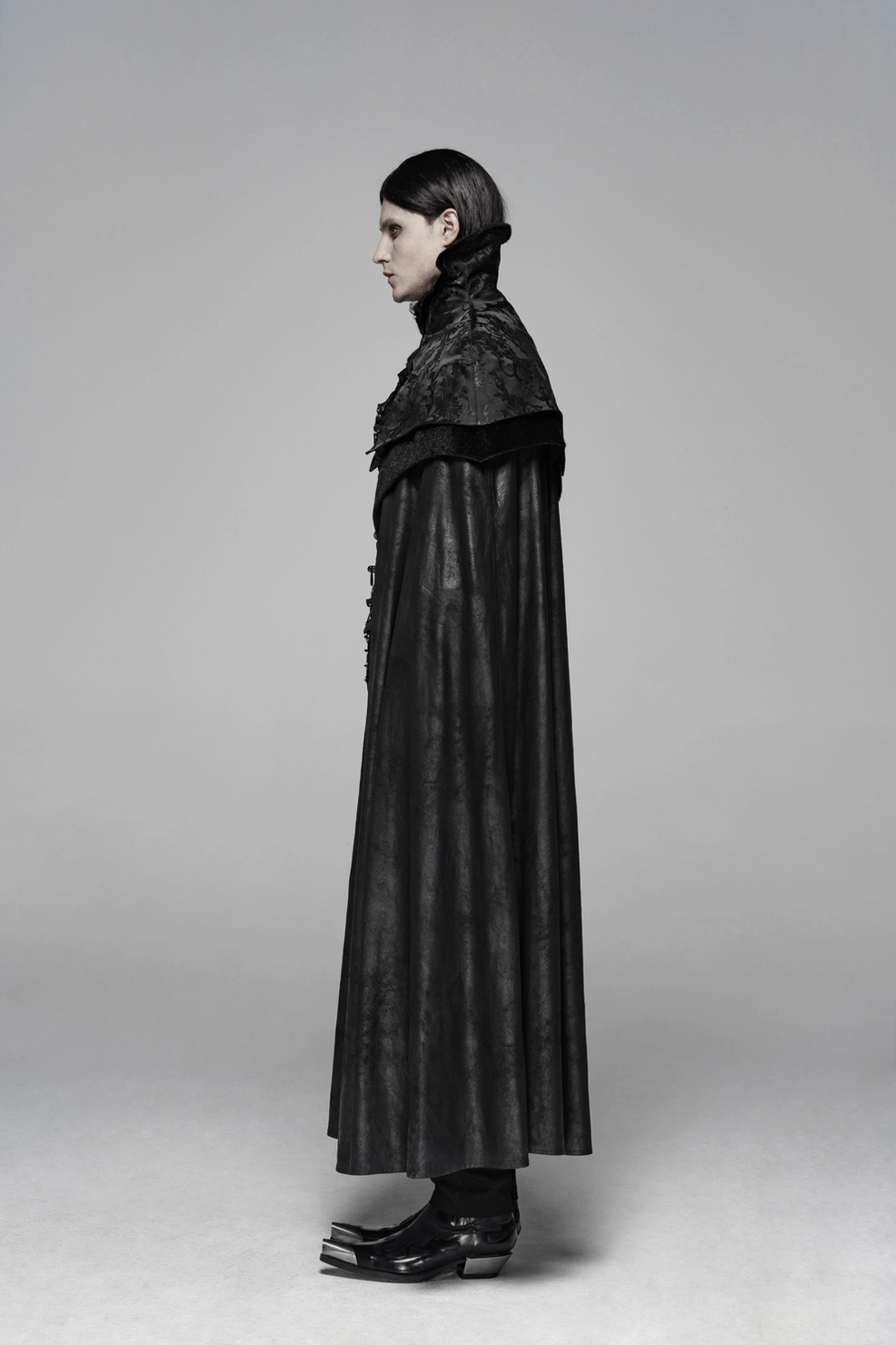Dramatic full-body presentation of Gothic vampire cloak demonstrating floor-length design and theatrical presence