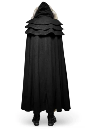 Gothic wool cloak rear view displaying layered shoulder cape ruffles and fur-trimmed hooded collar detail