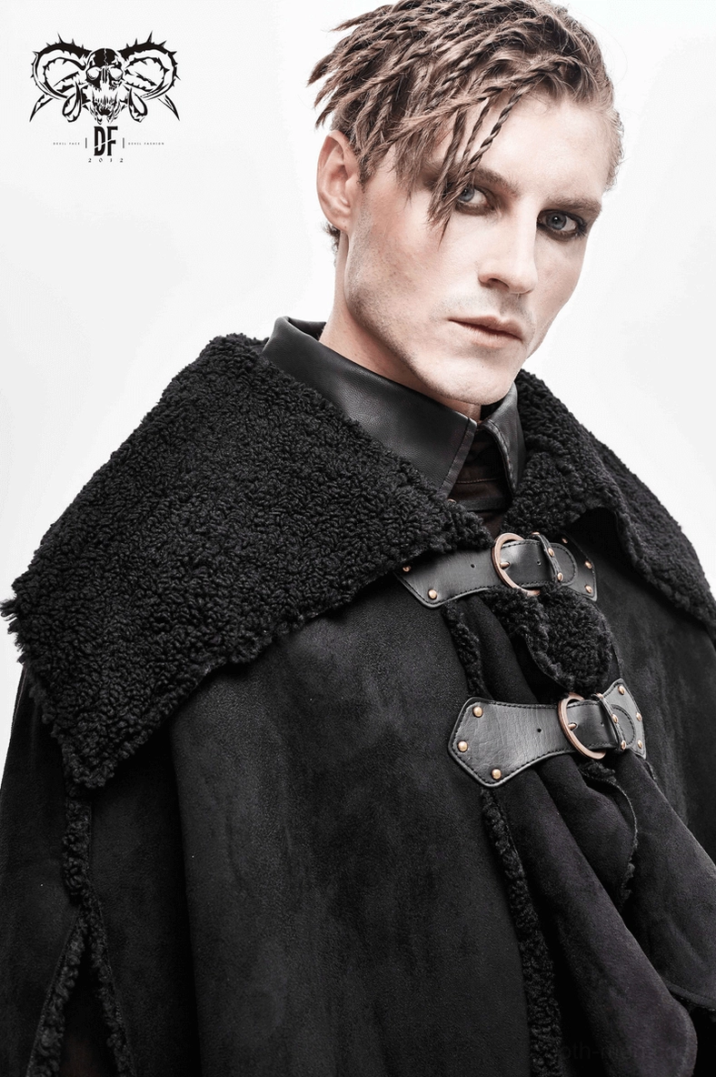 Detailed front view of asymmetrical gothic cloak highlighting buckled straps and irregular cut design
