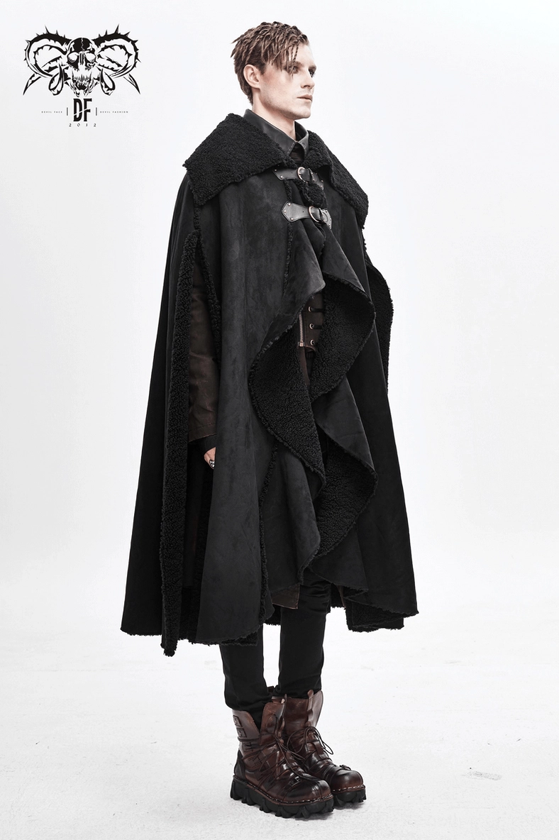 Side profile of gothic cloak showing irregular hemline, suede fabric, and hooded collar design