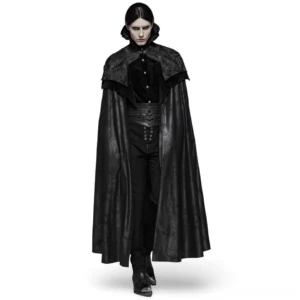 Aristocratic Gothic full-length cloak with structured jacquard capelet worn by male model, front view showcasing dramatic black silhouette and floor-length design