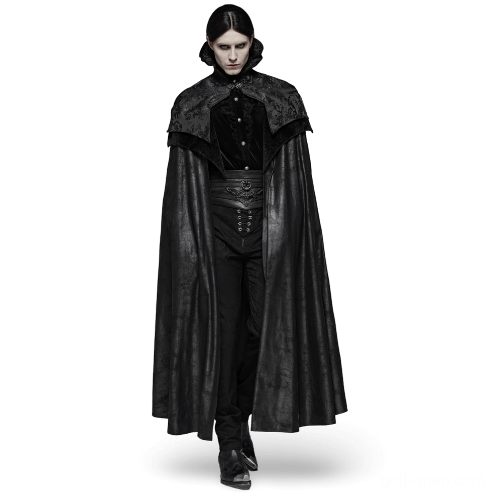 Aristocratic Gothic full-length cloak with structured jacquard capelet worn by male model, front view showcasing dramatic black silhouette and floor-length design