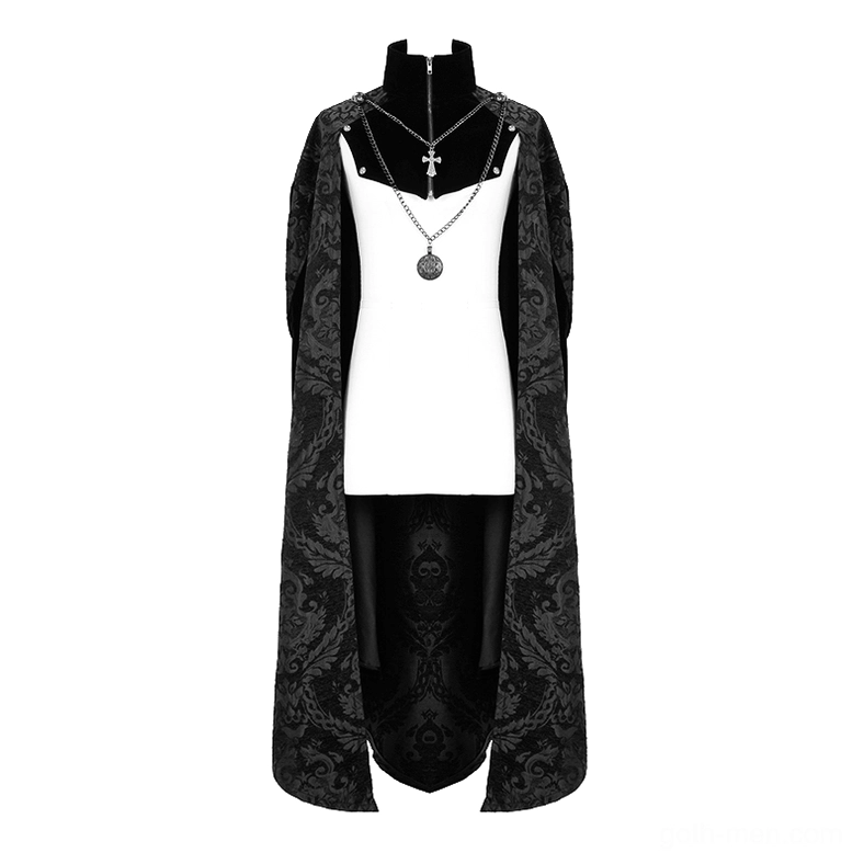 Men's gothic cloak set on display mannequin with stand-up collar, included cross necklaces, and matching white inner vest