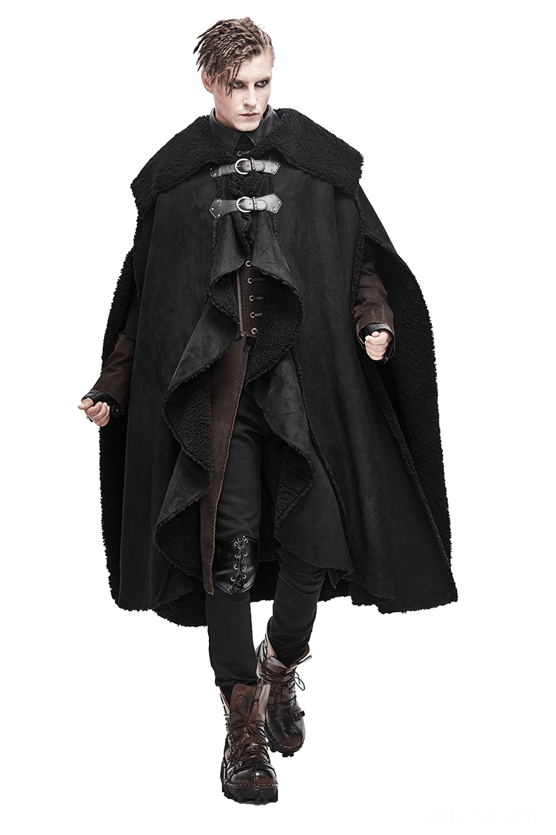 Men's black asymmetrical gothic cloak with buckled straps front view, fleece-lined long coat worn by male model
