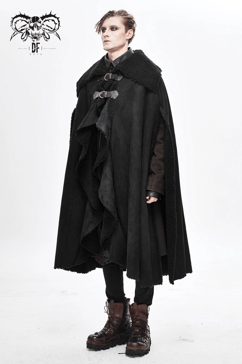 Front three-quarter view of oversized gothic cloak with fleece lining and buckled collar on male model