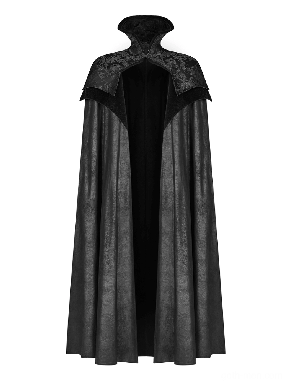 Gothic cloak rear static display highlighting ornate jacquard capelet pattern and dramatic floor-sweeping hemline