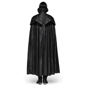 Gothic vampire cloak rear view displaying high stand collar, flowing hemline, and ornate jacquard capelet detail on male wearer