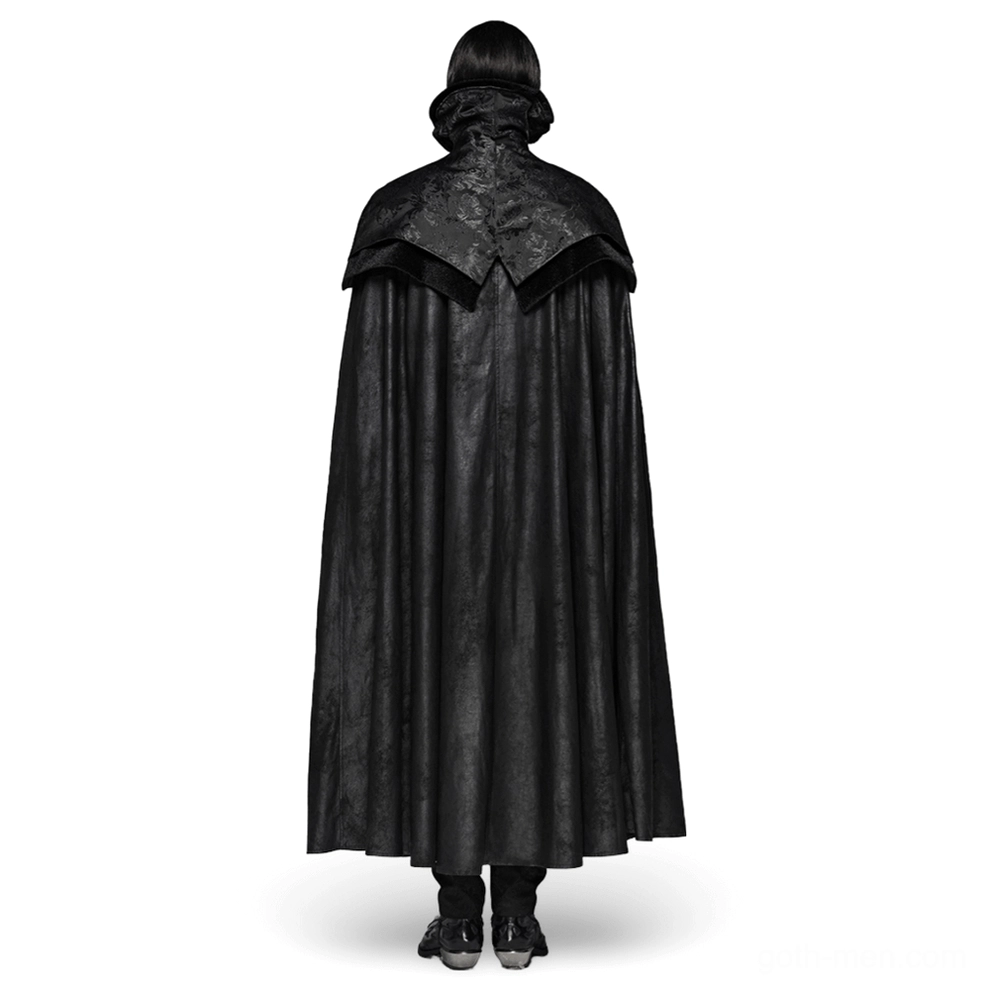 Gothic vampire cloak rear view displaying high stand collar, flowing hemline, and ornate jacquard capelet detail on male wearer