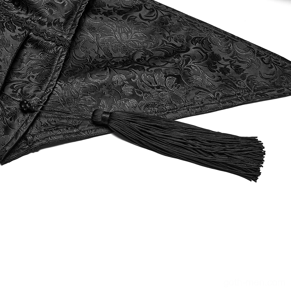Gothic cloak shoulder tassel flat lay close-up - black fabric tassel with floral jacquard fabric and button closure