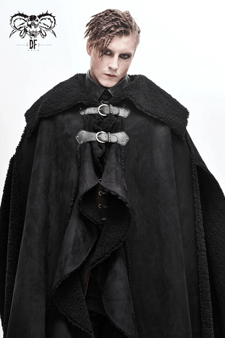 Side detail view of gothic cloak showing ruffled front placket and leather buckle fasteners