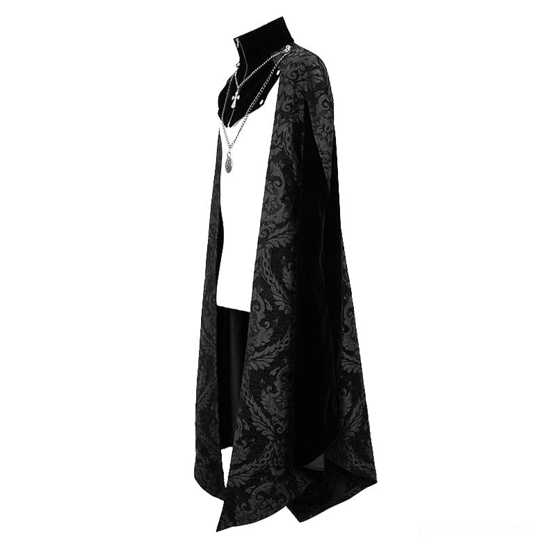 Side profile view of men's gothic cloak with damask fabric, stand-up collar, and cross pendant necklace on mannequin