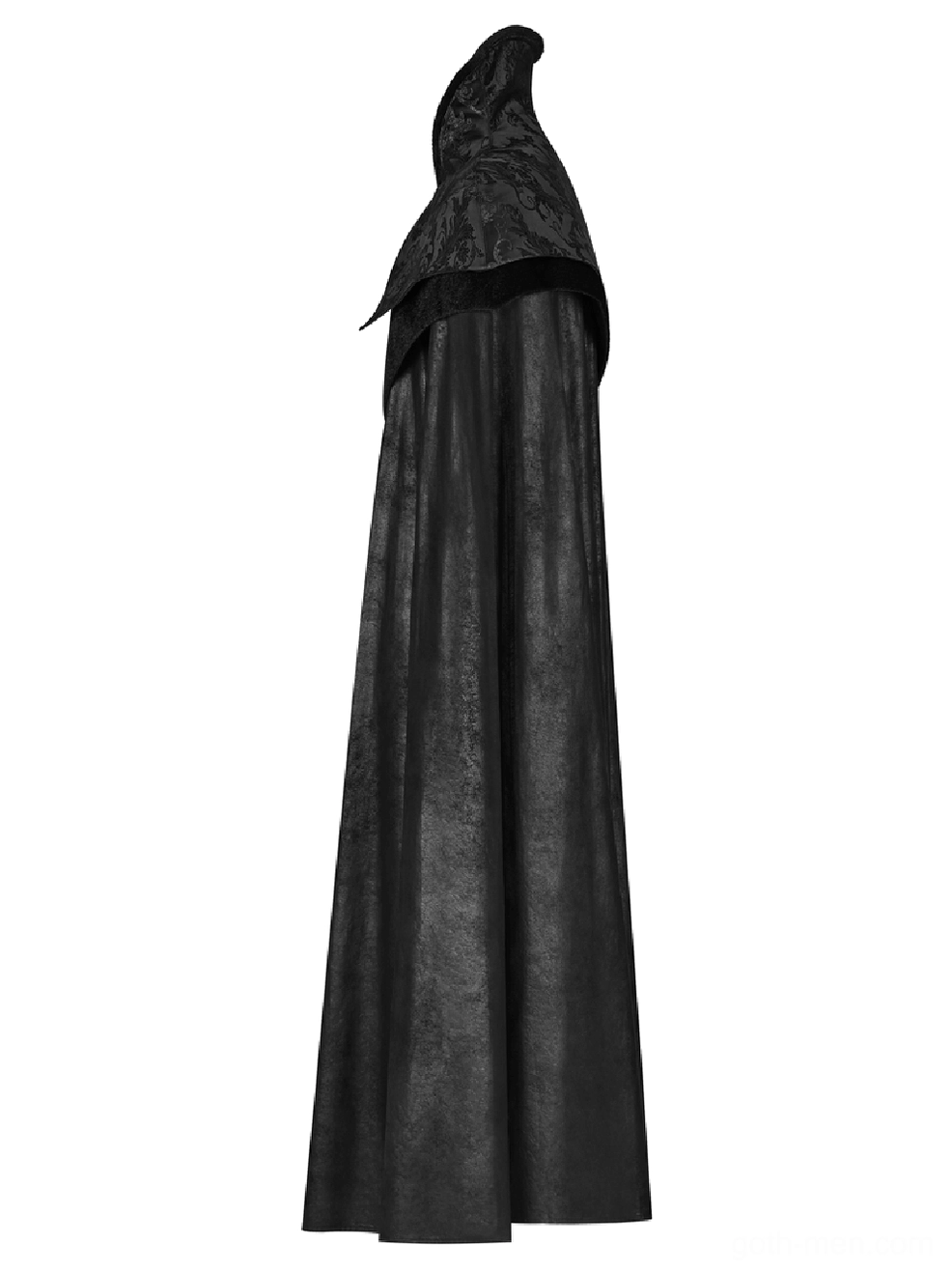 Hooded Gothic cloak side view showing hidden hood feature, matte black fabric texture, and architectural cut