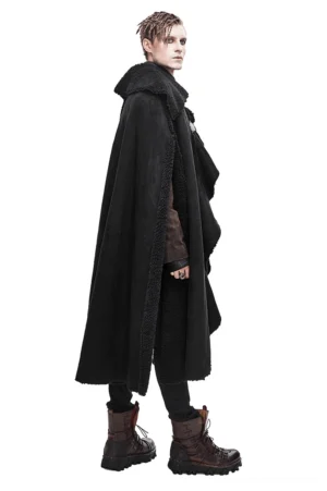 Side profile of asymmetrical gothic cloak showing irregular ruffled front and fleece lining detail
