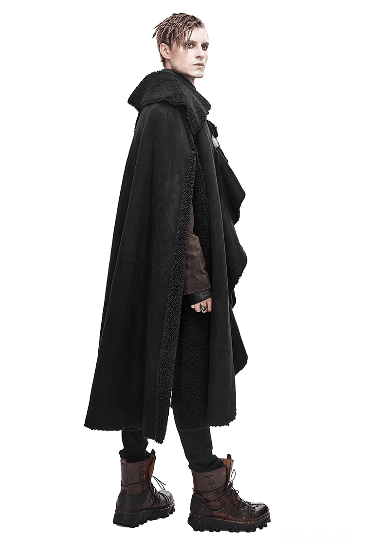Side profile of asymmetrical gothic cloak showing irregular ruffled front and fleece lining detail