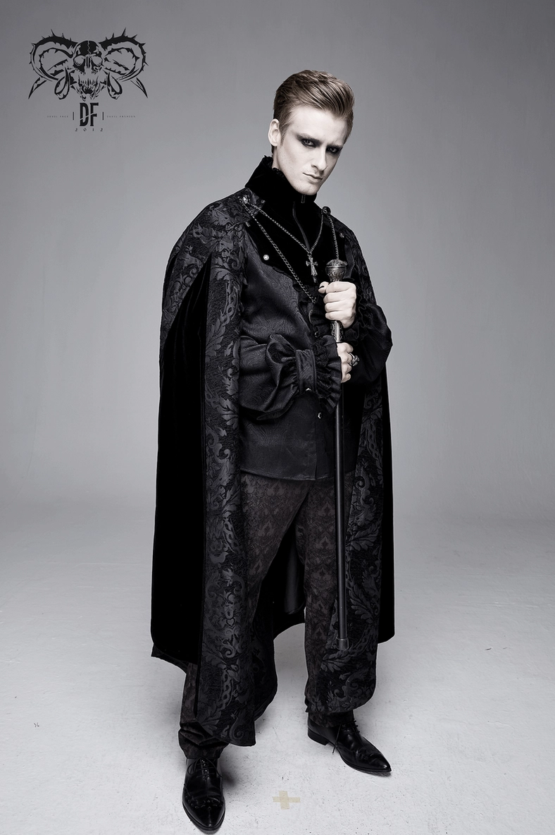 Size range display of black gothic cloak showing fit variations from XS to 5XL with stand-up collar feature