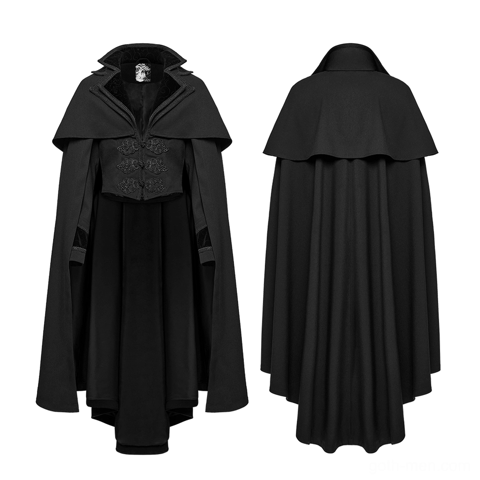 Black gothic cloak and vest ensemble flat lay display showing structured embroidered vest and detachable shoulder cape