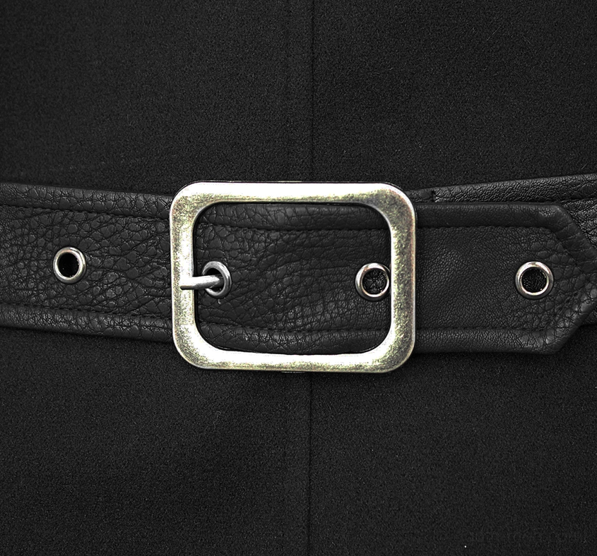 Leather strap and metal buckle fastening system on detachable coat accessories