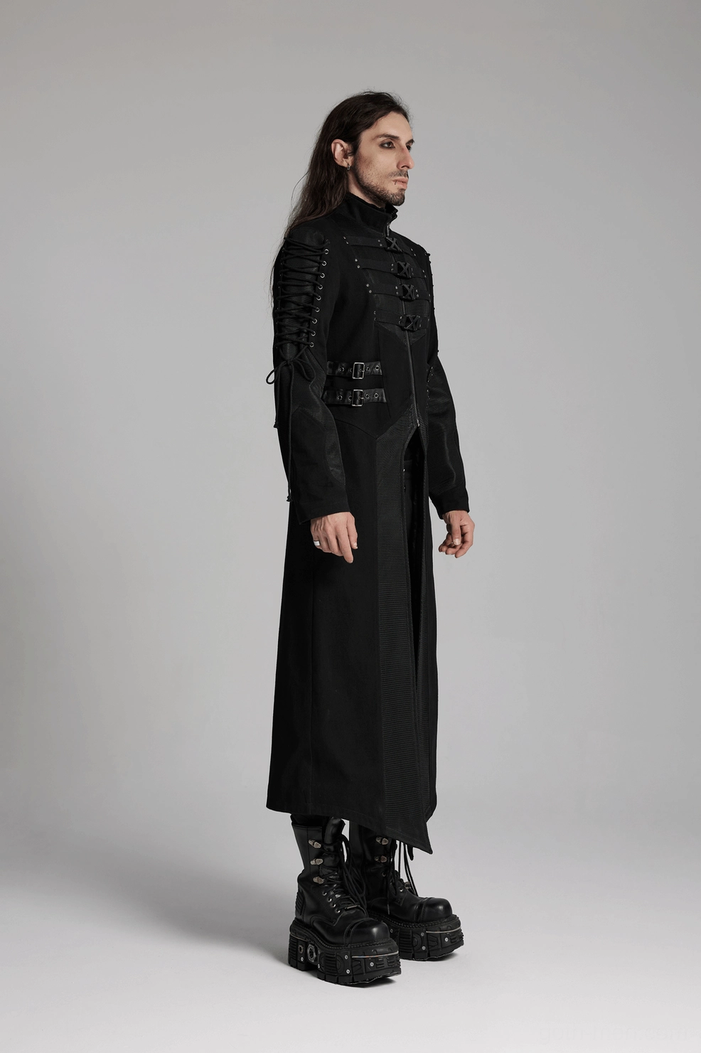 Gothic men's coat showing overall silhouette with adjustable straps and hardware placement