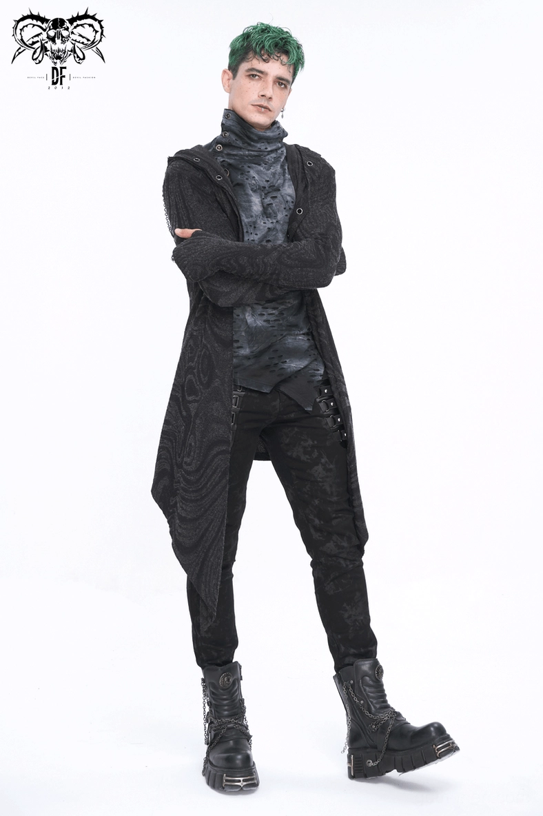 Side view emphasizing gothic coat asymmetric hem and chain detail configuration