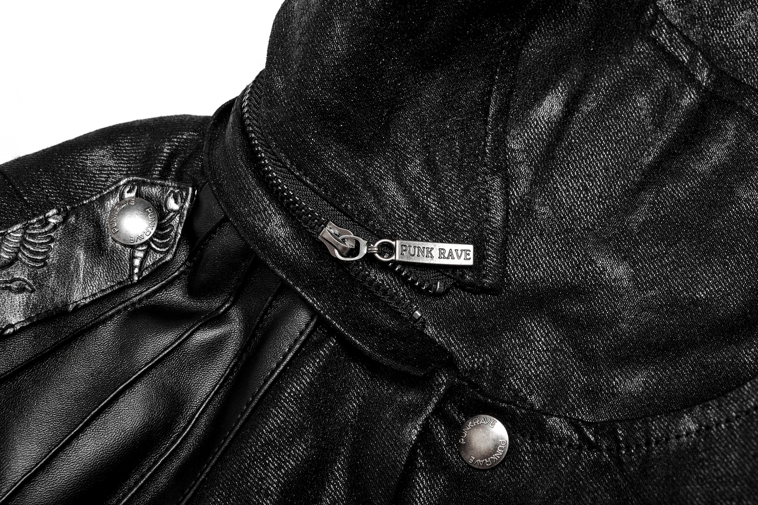 Gothic coat asymmetrical buckle and leather accent detail from front view
